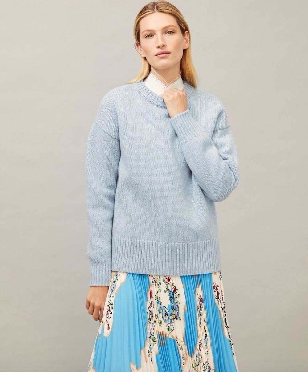 Tory Burch Oversized Crewneck Sweater WOOL Dove Pale Blue M